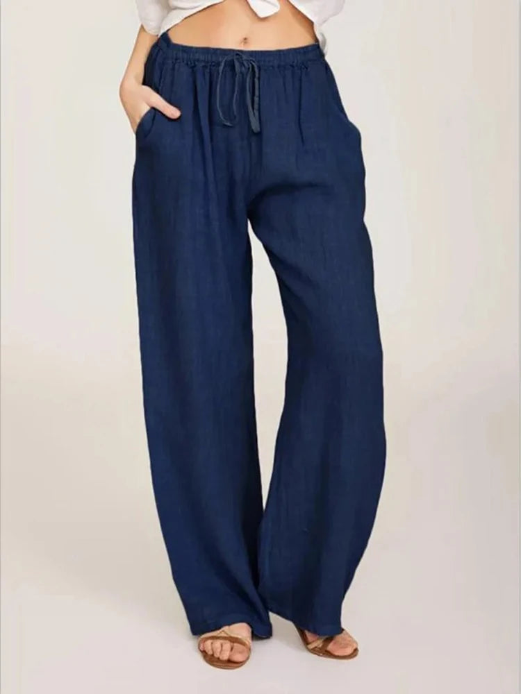 Summer and Autumn Women Cotton Linen Elastic Waist Pants