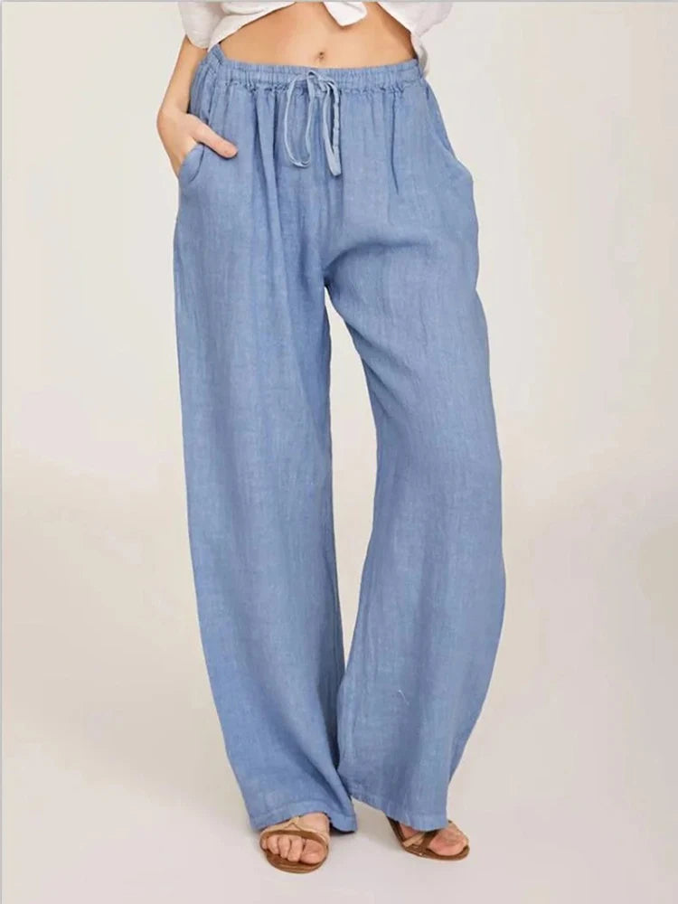 Summer and Autumn Women Cotton Linen Elastic Waist Pants