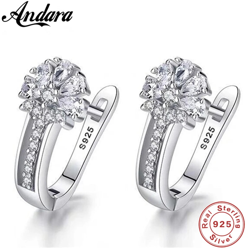 Fine 925 Sterling Silver Inlaid Zircon Crystal Flower Earrings