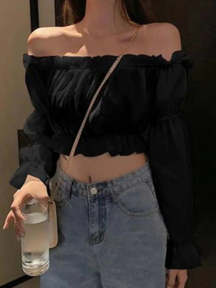 Women's Off-Shoulder Blouse Long Sleeve Puff Ruffle Tunic Crop Top Solid Color White Shirt Sexy Summer Tube Top Streetwear