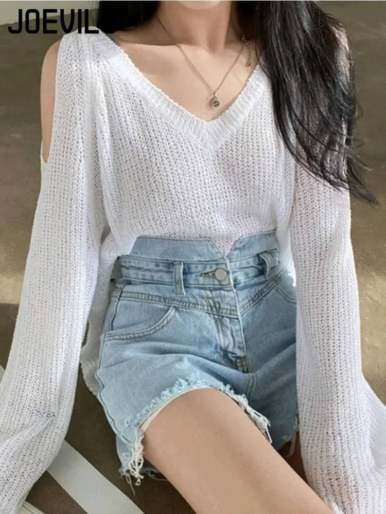 Knitted V-neck Off Shoulder Sweater Cover Up Blouse