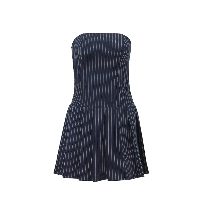 Korean Women's A-Line Dress Y2K Sleeveless Slash-Neck Pleated Stripe Mini Elegant Slim Fit Polyester Spring Summer Fashion