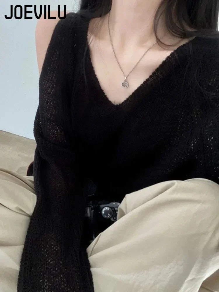 Knitted V-neck Off Shoulder Sweater Cover Up Blouse