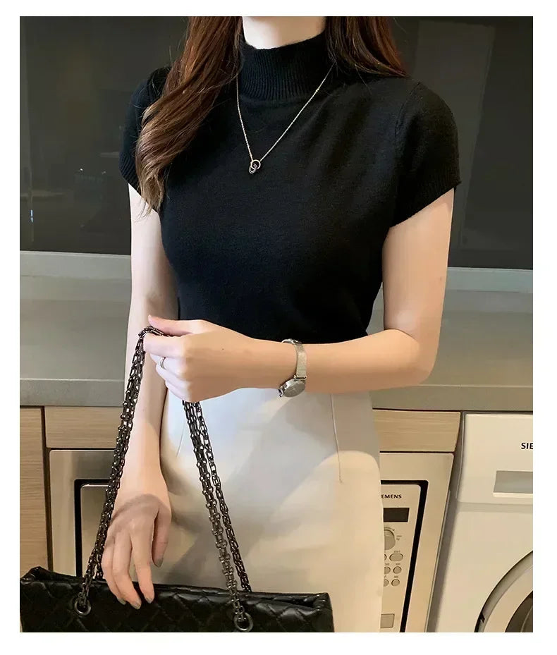 New Solid Slim Turtleneck Crop Tube Top