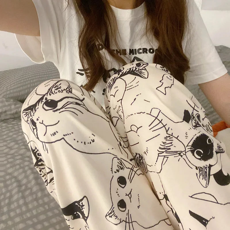 Moe Cartoon Printed Cat Pajama Trousers