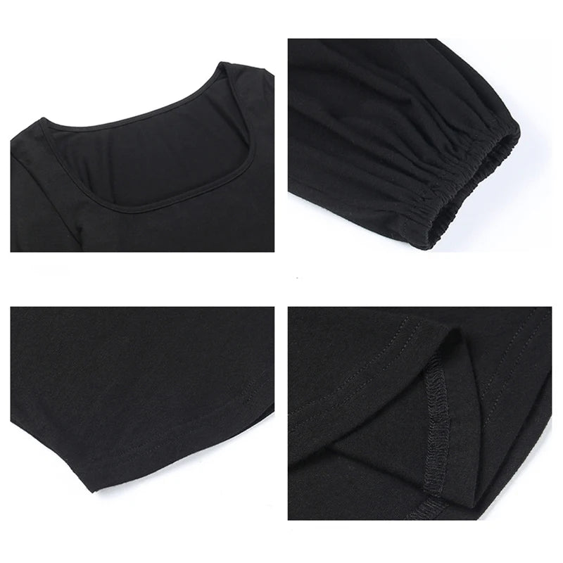 Women's Black Elegant Casual Blouse Long Sleeve Lantern Shirt Slim Fit Square Collar All-Match Solid Color T-Shirt