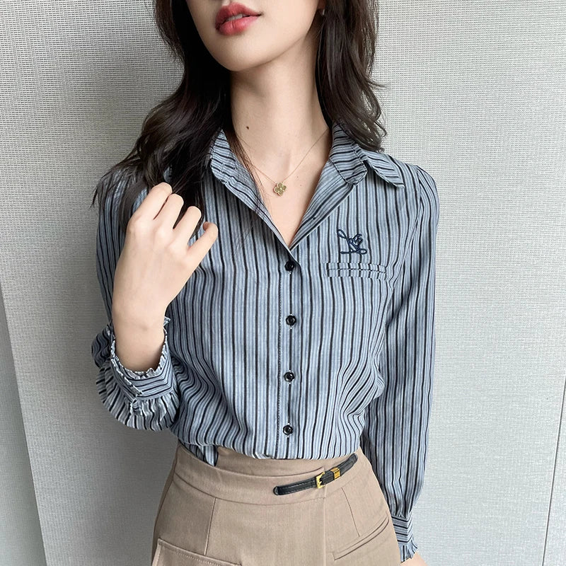 Elegant Women's Blouse Chic Office Shirt Turn-down Collar Full Sleeve Polyester Spandex Blend Regular Fit Striped Pattern