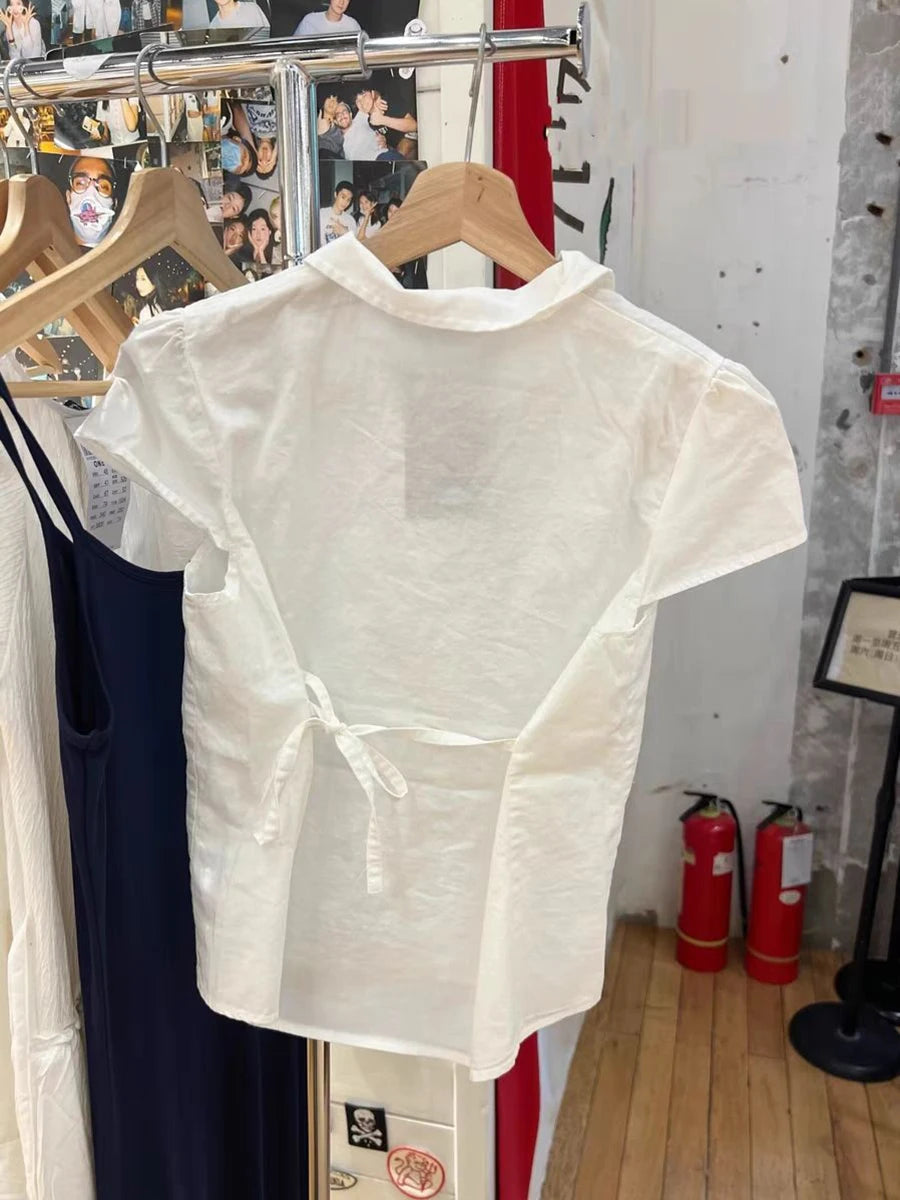 White Cotton Blouse T-Shirt for Women Summer Peter Pan Collar Short Sleeve Slim Fit Casual Cute Lace-Up Crop Top