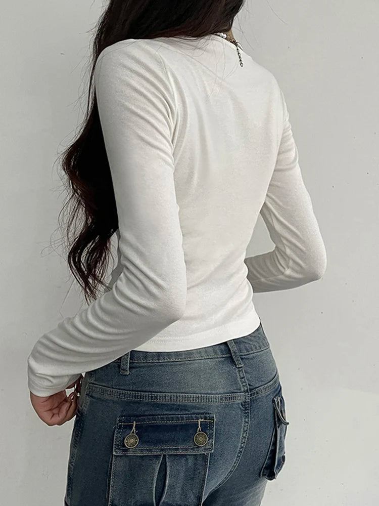 Tie Lace Trim Square Collar Y2k Long Sleeve