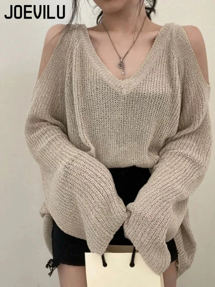 Knitted V-neck Off Shoulder Sweater Cover Up Blouse