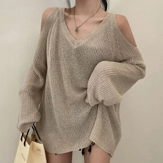 Knitted V-neck Off Shoulder Sweater Cover Up Blouse