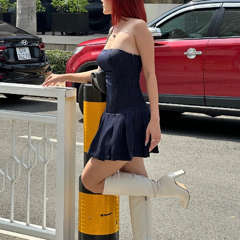 Korean Women's A-Line Dress Y2K Sleeveless Slash-Neck Pleated Stripe Mini Elegant Slim Fit Polyester Spring Summer Fashion