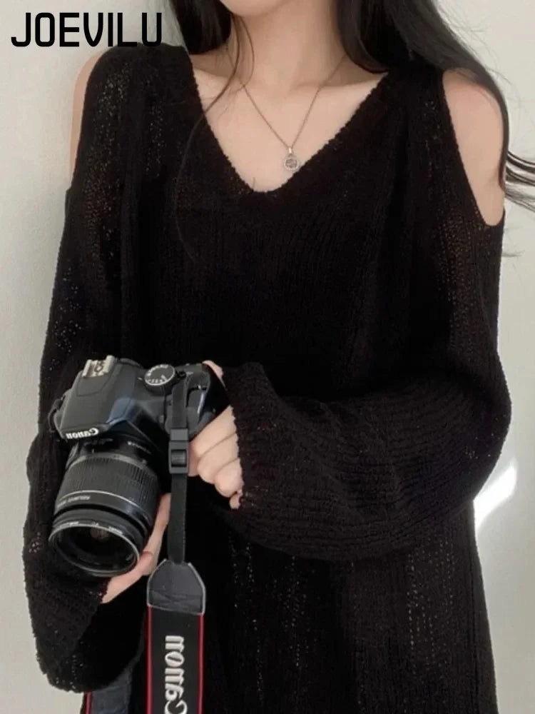 Knitted V-neck Off Shoulder Sweater Cover Up Blouse