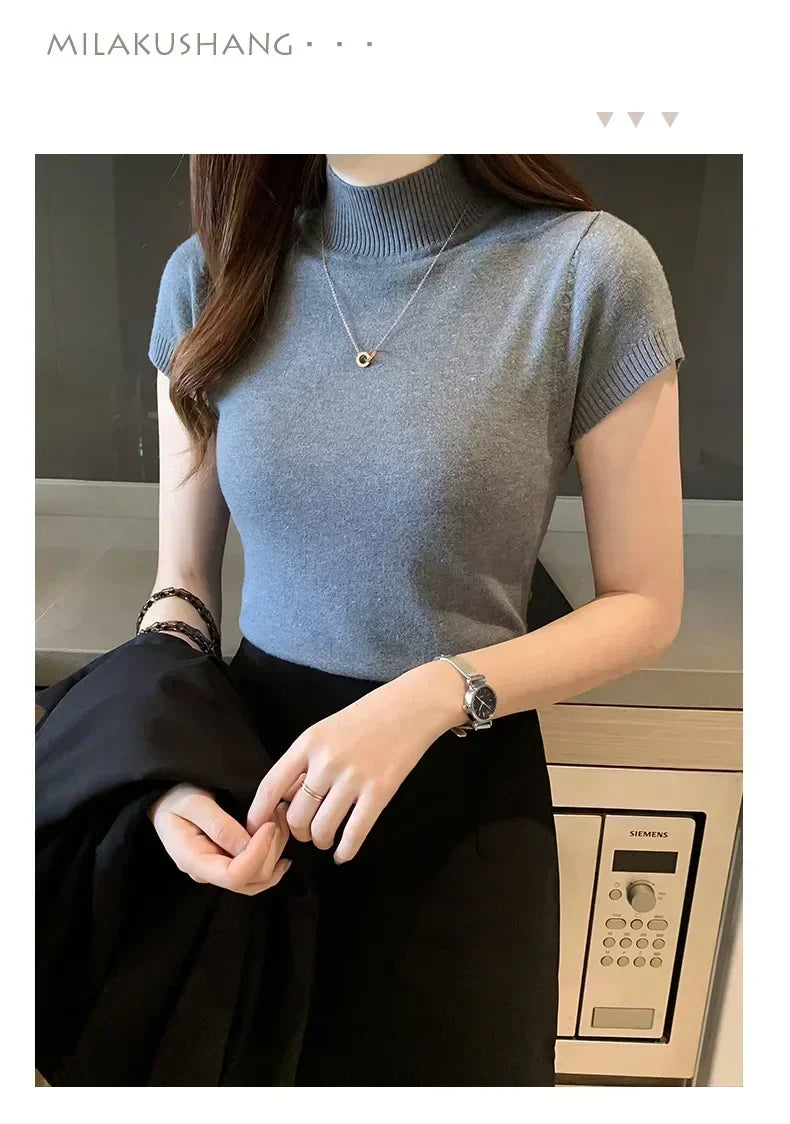 New Solid Slim Turtleneck Crop Tube Top