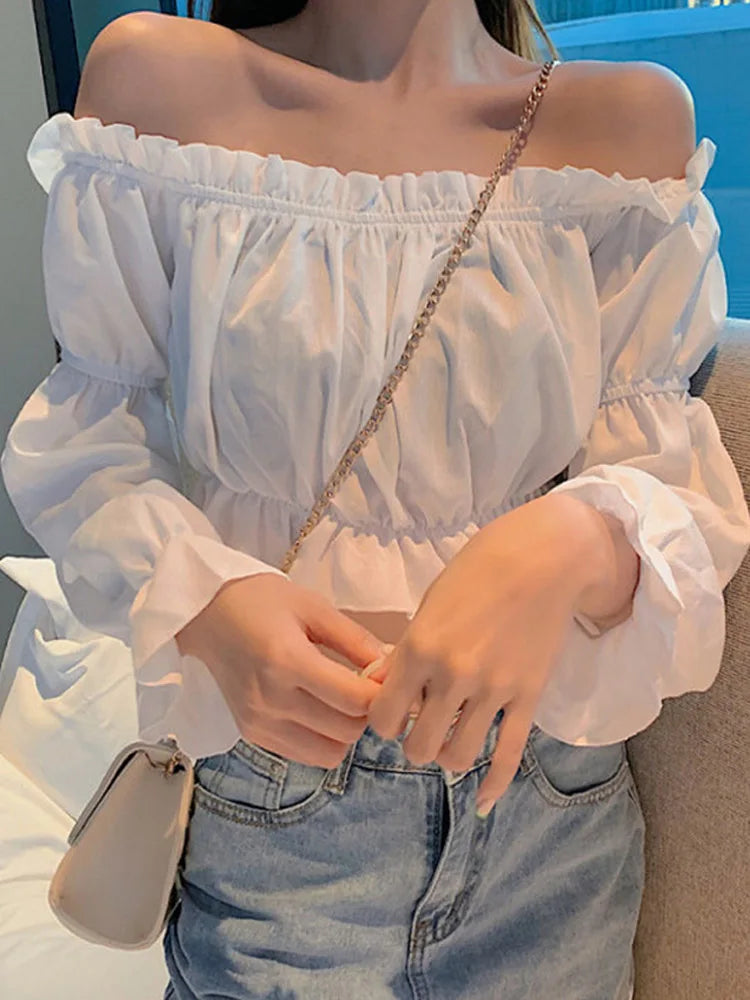 Women's Off-Shoulder Blouse Long Sleeve Puff Ruffle Tunic Crop Top Solid Color White Shirt Sexy Summer Tube Top Streetwear