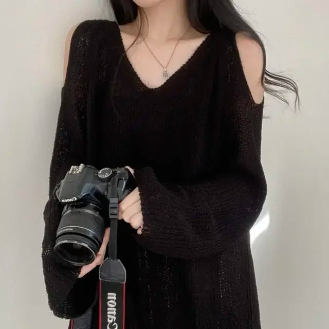 Knitted V-neck Off Shoulder Sweater Cover Up Blouse