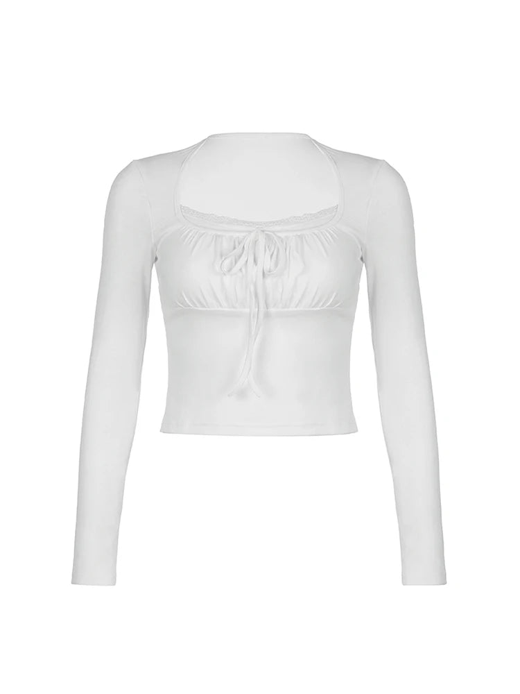 Tie Lace Trim Square Collar Y2k Long Sleeve