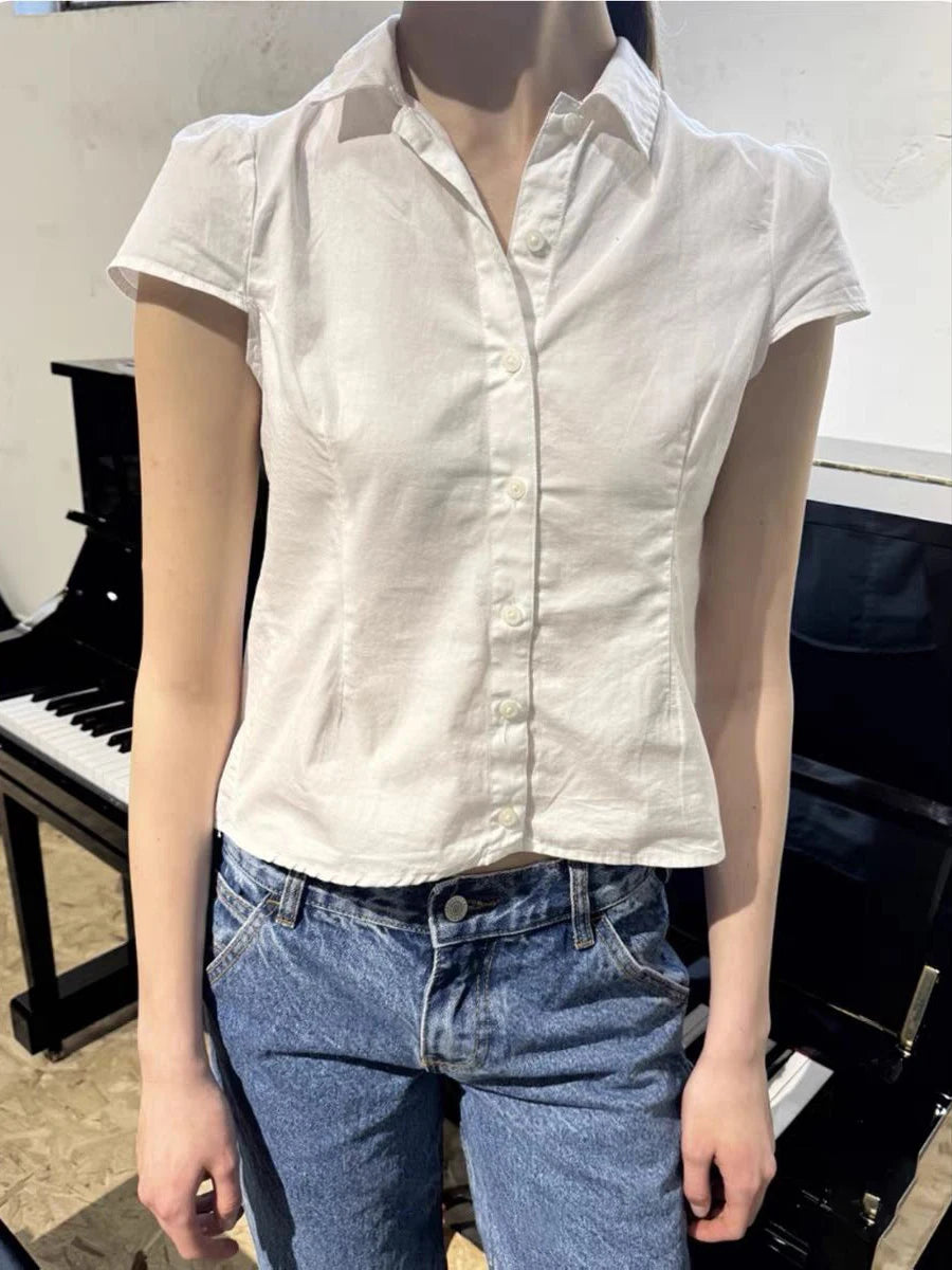 White Cotton Blouse T-Shirt for Women Summer Peter Pan Collar Short Sleeve Slim Fit Casual Cute Lace-Up Crop Top