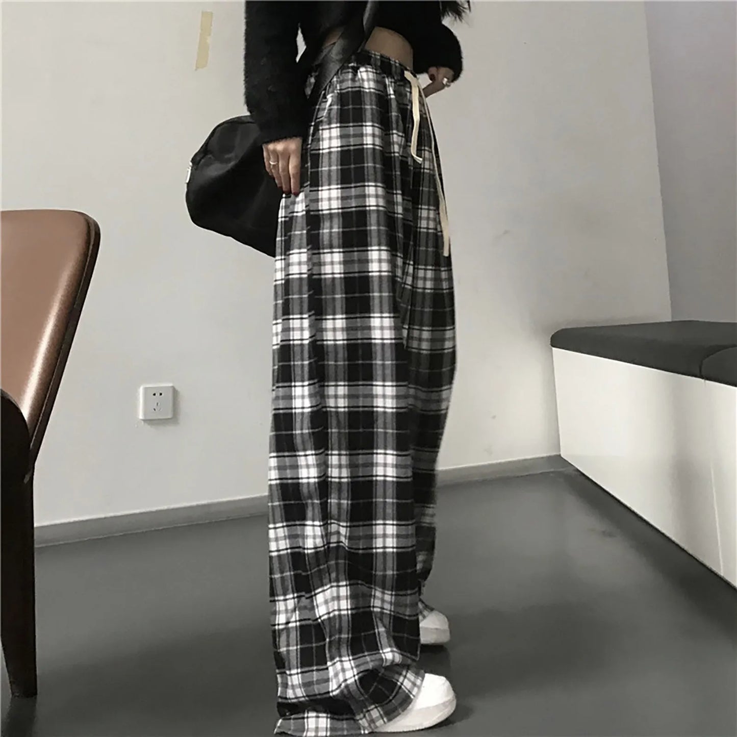 Plaid Black & White Grunge Baggy Bottoms
