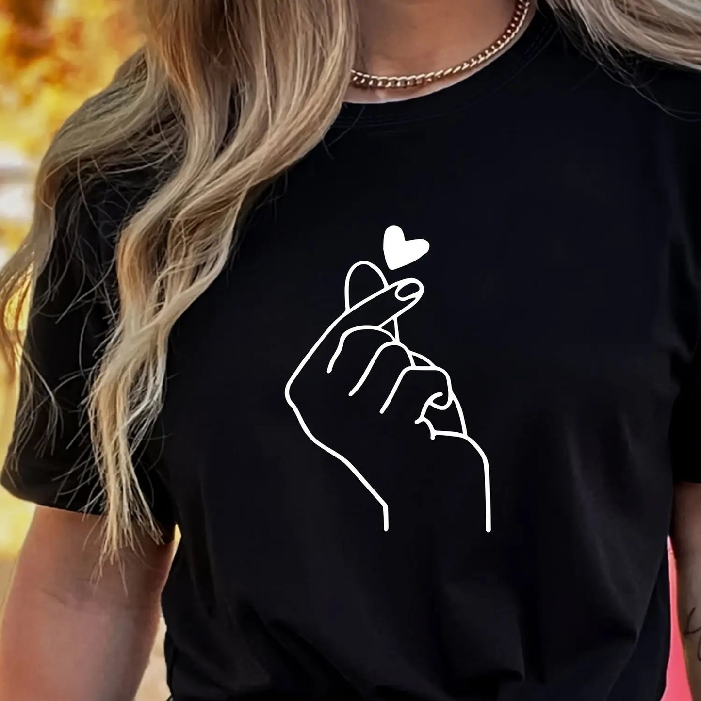 Finger Heart Casual Crew Neck T-Shirt