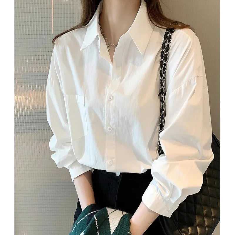 White Korean-Style Long-Sleeved Blouse for Women Casual Office Lady Shirt Loose Fit Mid-Length Turn-Down Collar Simple Women's Top