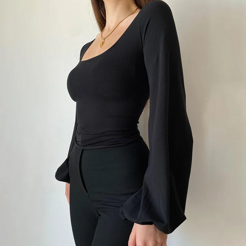 Women's Black Elegant Casual Blouse Long Sleeve Lantern Shirt Slim Fit Square Collar All-Match Solid Color T-Shirt