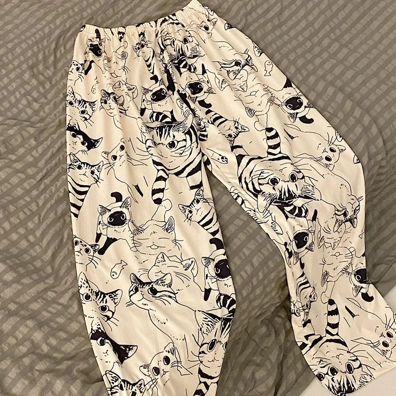 Moe Cartoon Printed Cat Pajama Trousers