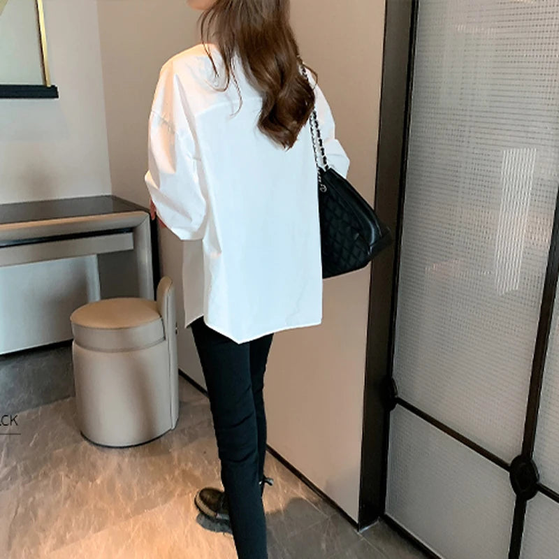 White Korean-Style Long-Sleeved Blouse for Women Casual Office Lady Shirt Loose Fit Mid-Length Turn-Down Collar Simple Women's Top