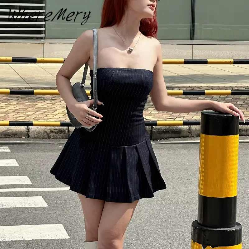 Korean Women's A-Line Dress Y2K Sleeveless Slash-Neck Pleated Stripe Mini Elegant Slim Fit Polyester Spring Summer Fashion