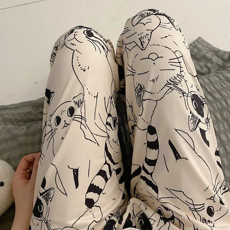 Moe Cartoon Printed Cat Pajama Trousers