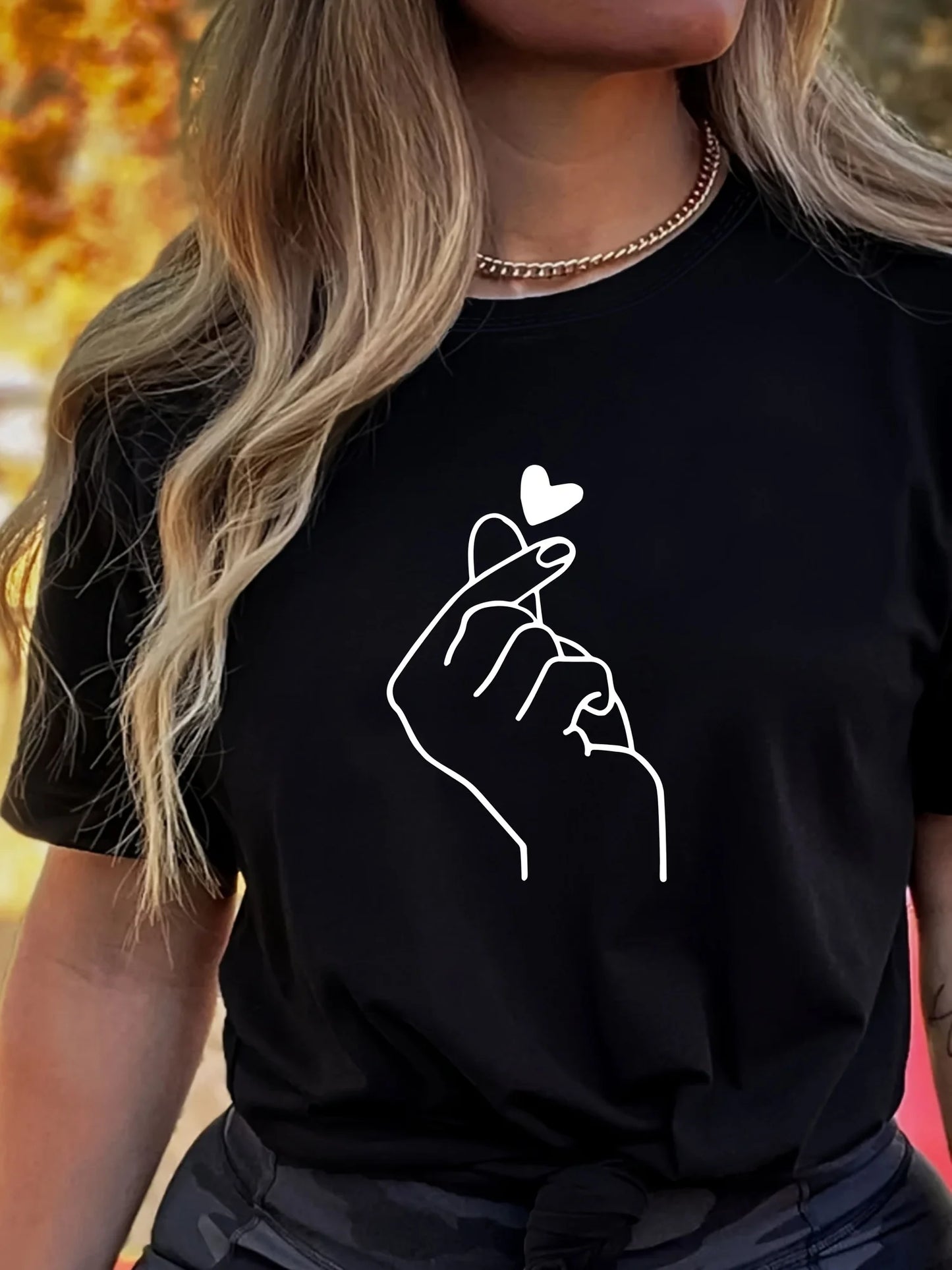 Finger Heart Casual Crew Neck T-Shirt