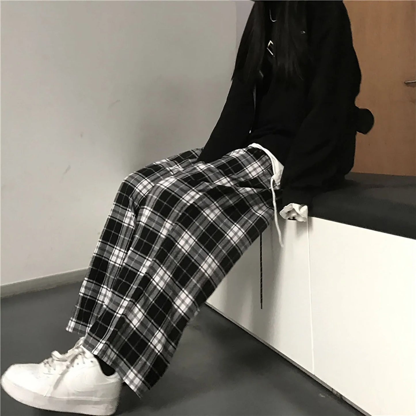 Plaid Black & White Grunge Baggy Bottoms