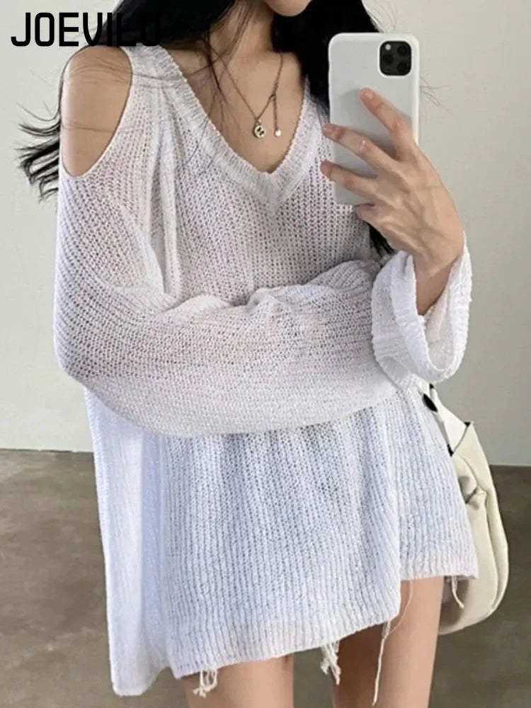 Knitted V-neck Off Shoulder Sweater Cover Up Blouse