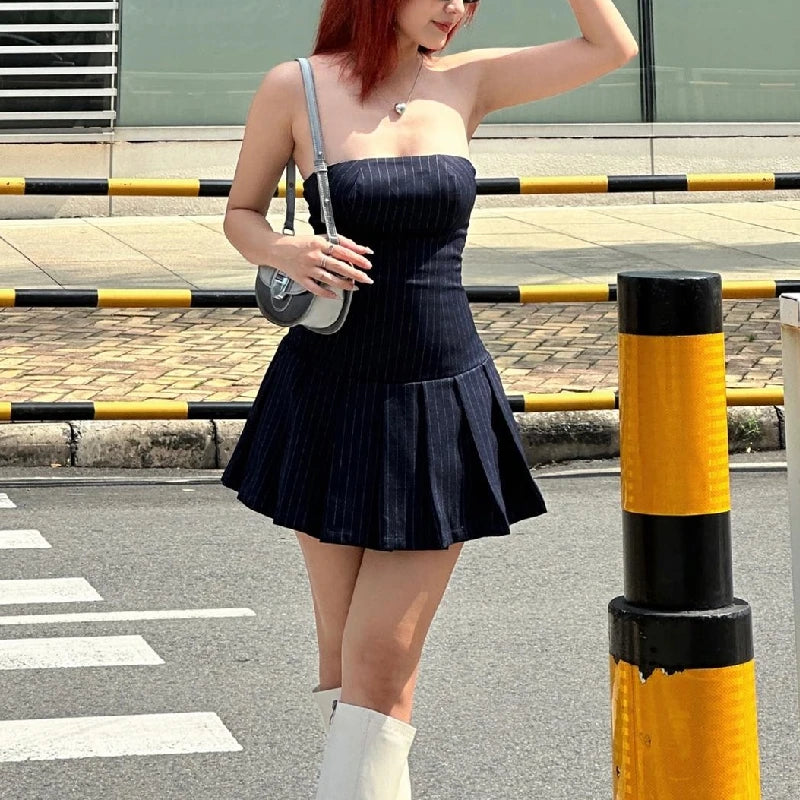Korean Women's A-Line Dress Y2K Sleeveless Slash-Neck Pleated Stripe Mini Elegant Slim Fit Polyester Spring Summer Fashion