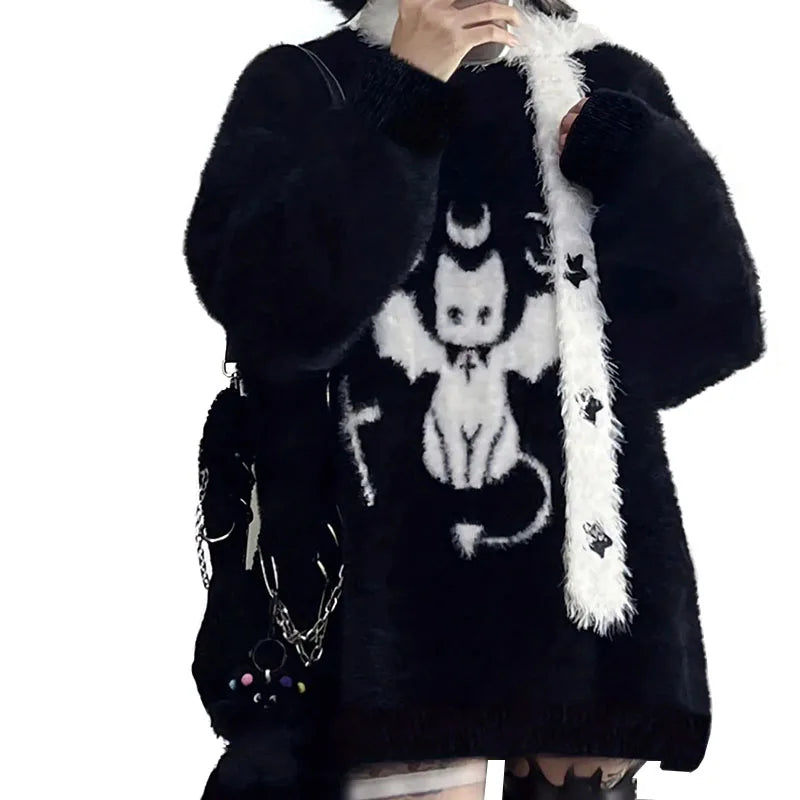 Harajuku Gothic Casual Grunge Kitty Comfy Sweater