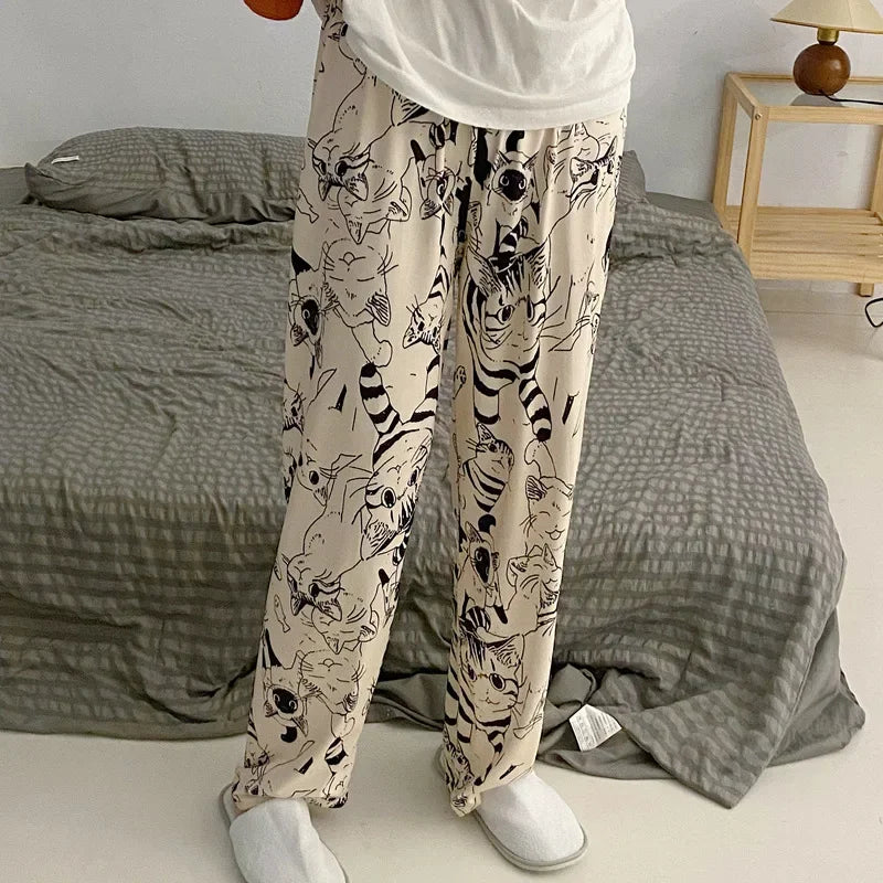 Moe Cartoon Printed Cat Pajama Trousers
