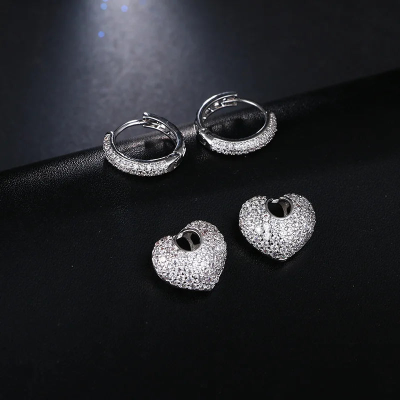 925 Sterling Silver Sparkling Hearts Hoop Earrings