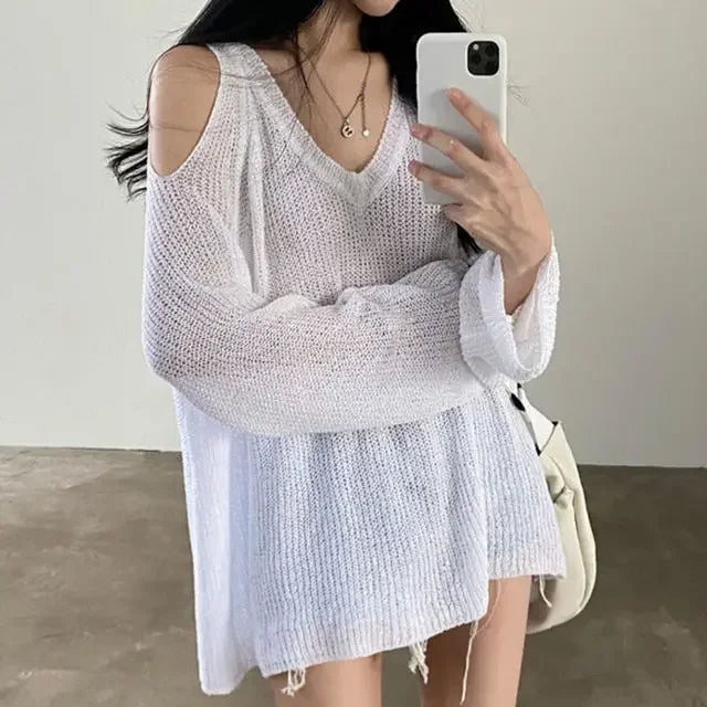Knitted V-neck Off Shoulder Sweater Cover Up Blouse