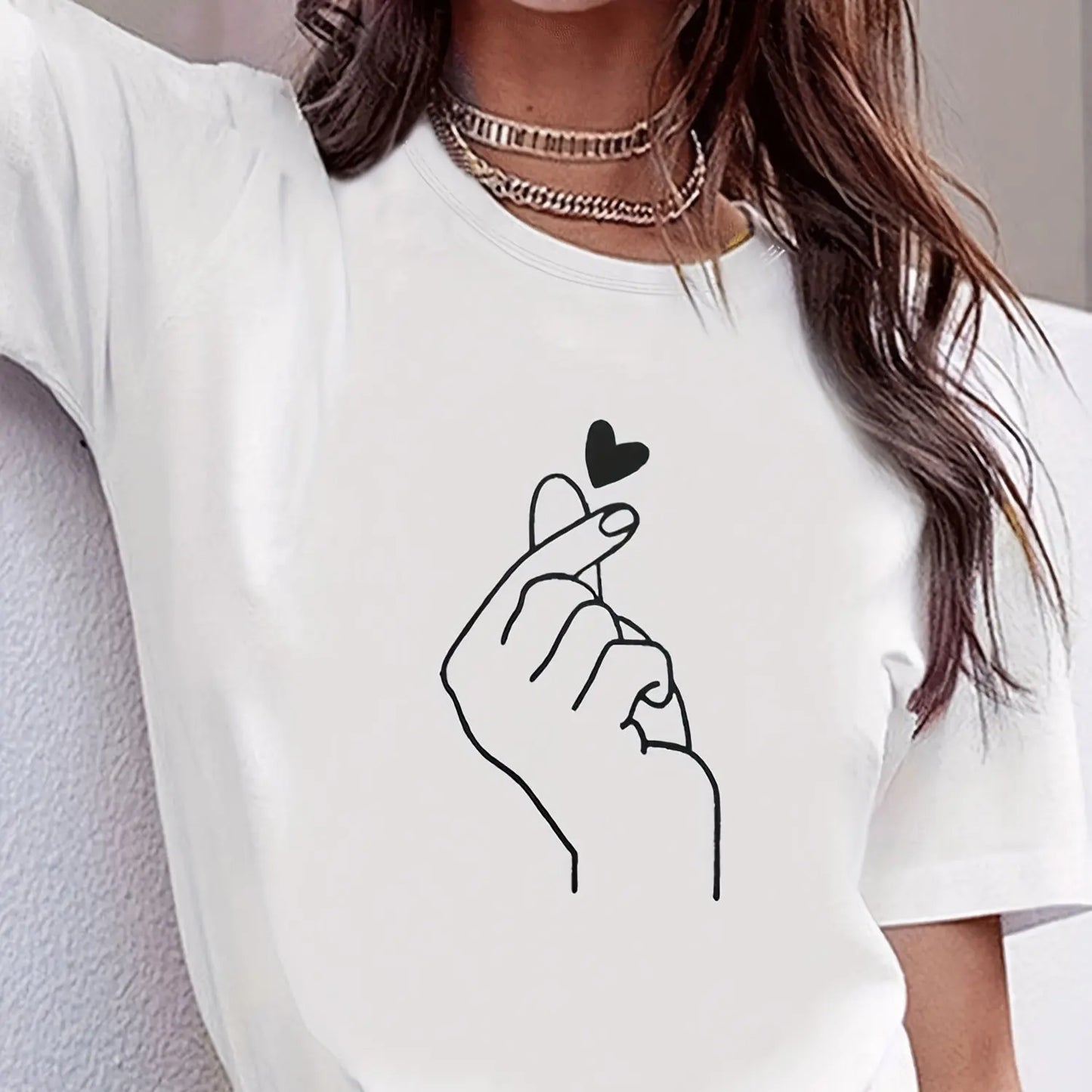 Finger Heart Casual Crew Neck T-Shirt