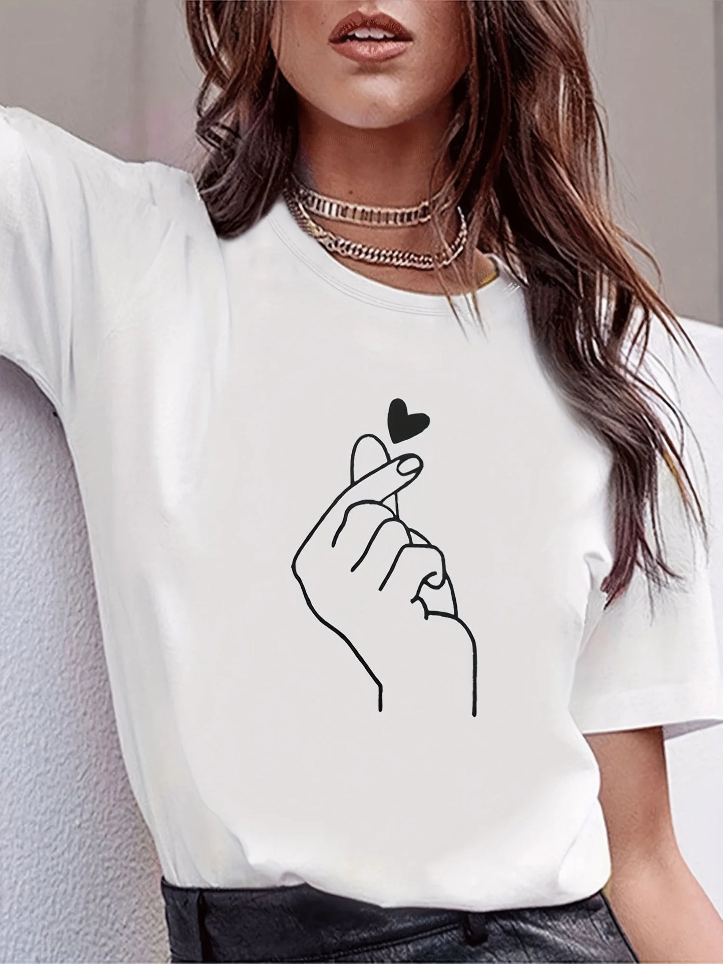 Finger Heart Casual Crew Neck T-Shirt