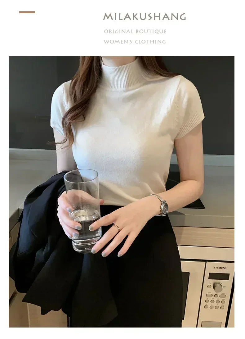 New Solid Slim Turtleneck Crop Tube Top