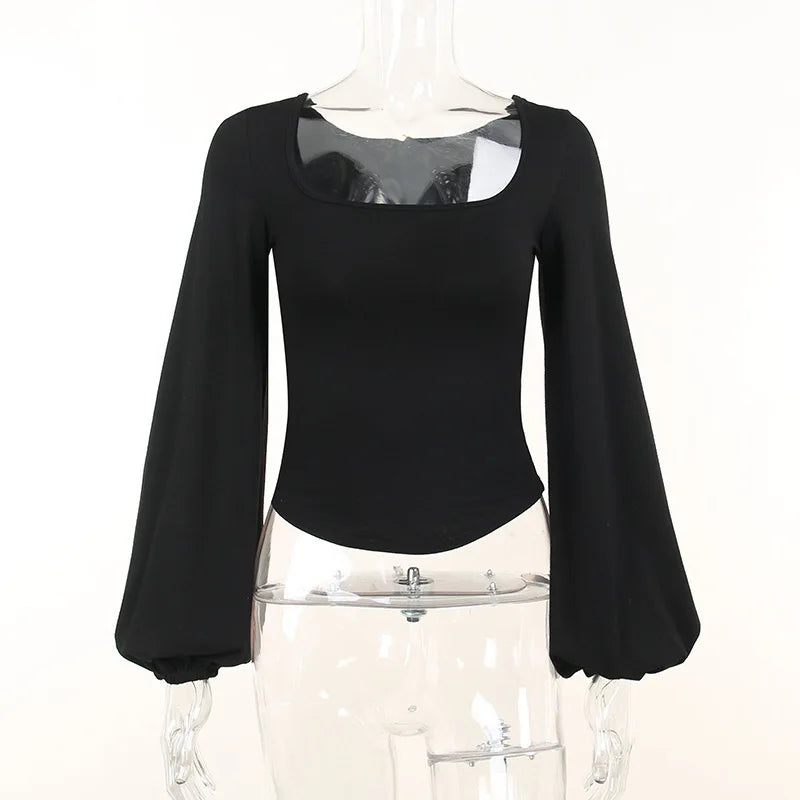 Women's Black Elegant Casual Blouse Long Sleeve Lantern Shirt Slim Fit Square Collar All-Match Solid Color T-Shirt