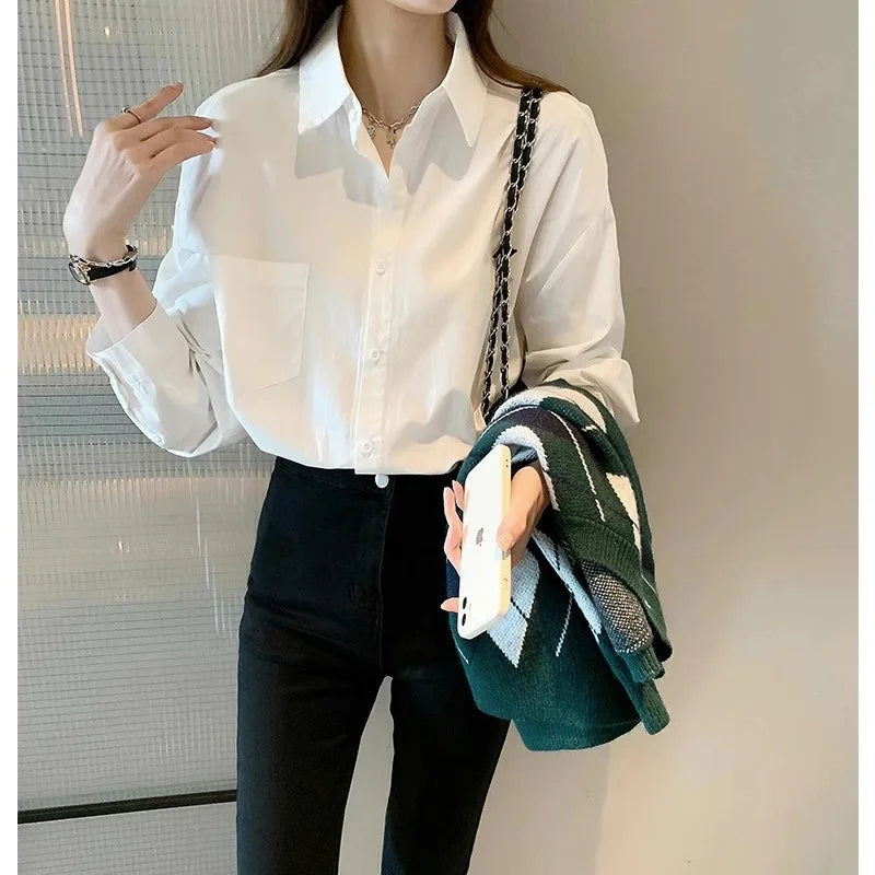 White Korean-Style Long-Sleeved Blouse for Women Casual Office Lady Shirt Loose Fit Mid-Length Turn-Down Collar Simple Women's Top