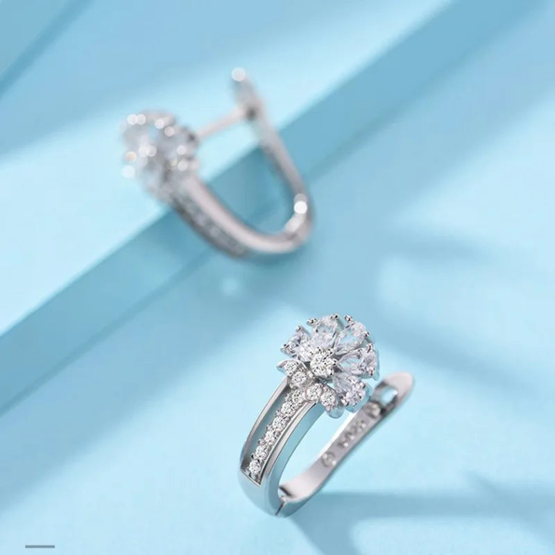 Fine 925 Sterling Silver Inlaid Zircon Crystal Flower Earrings