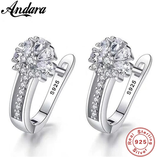 Fine 925 Sterling Silver Inlaid Zircon Crystal Flower Earrings