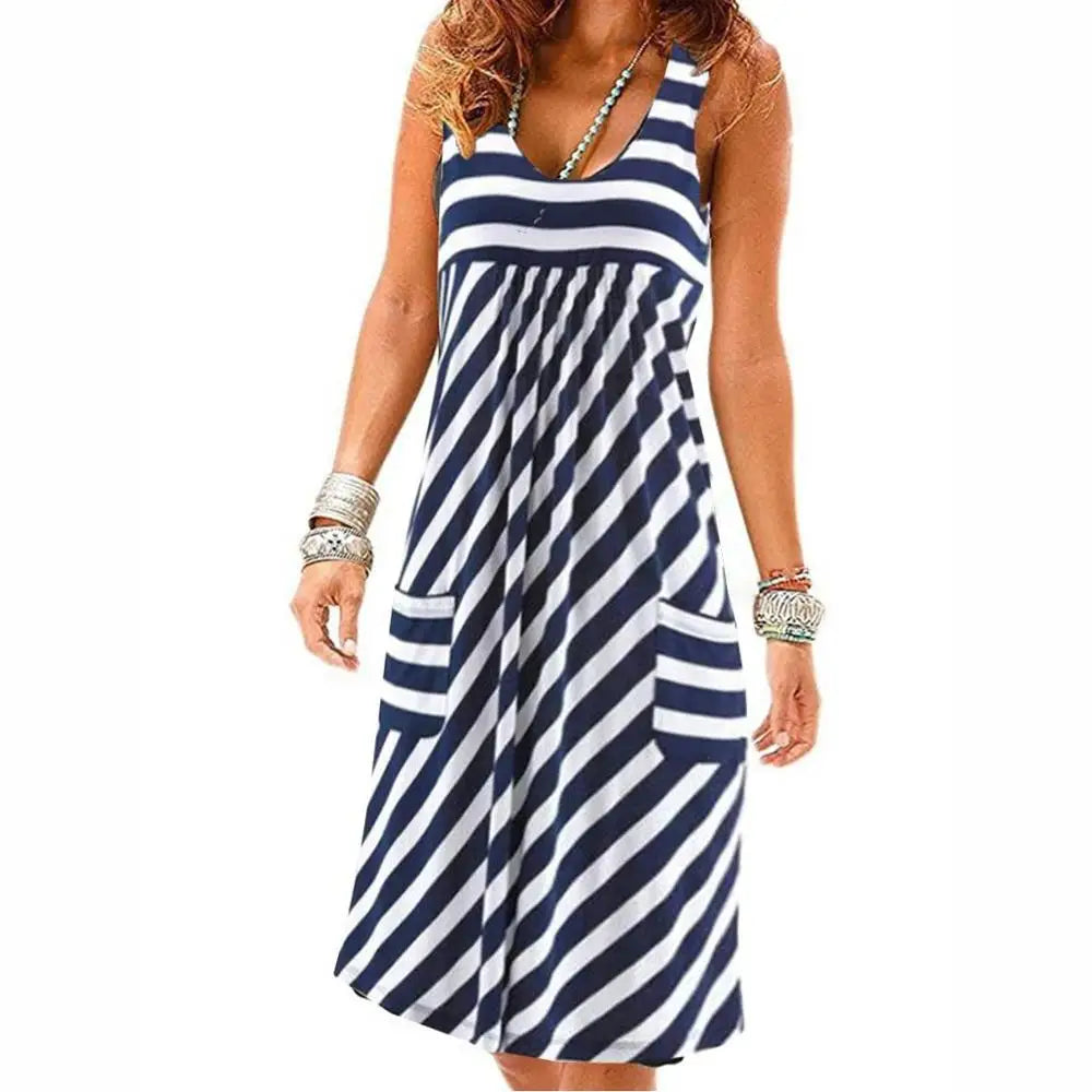 Women's Striped Summer Dress Loose Sleeveless Mid-Calf O-Neck Casual Fashion Dress Polyester Fabric Straight Silhouette