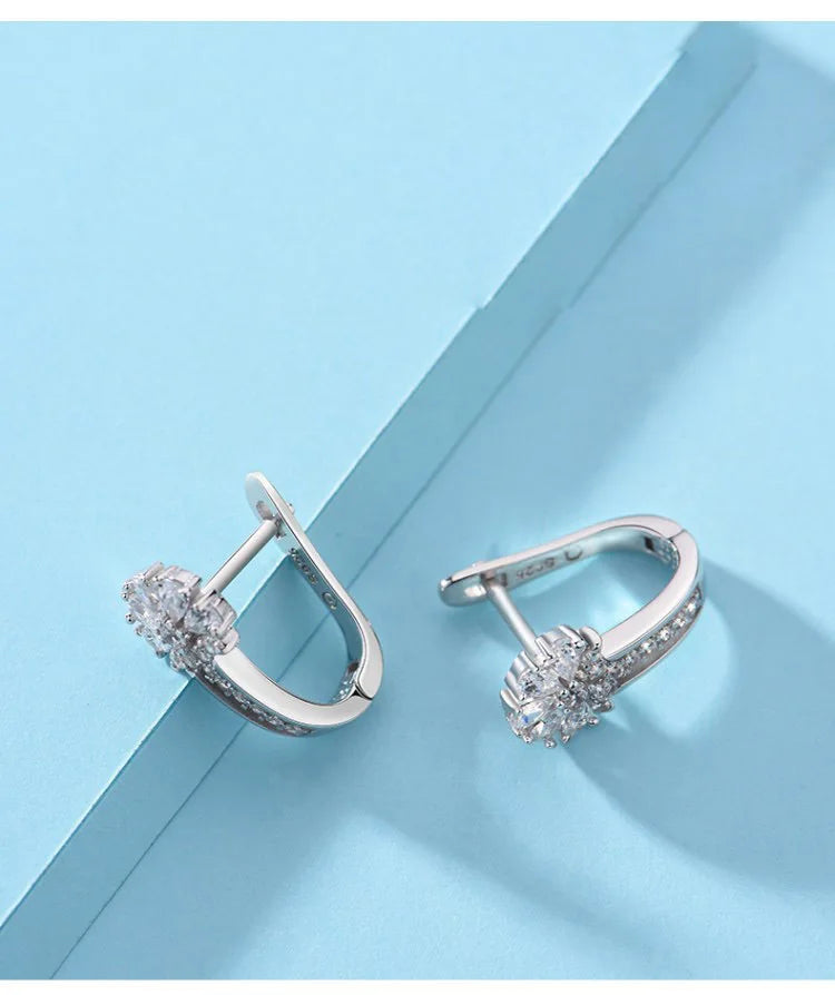 Fine 925 Sterling Silver Inlaid Zircon Crystal Flower Earrings