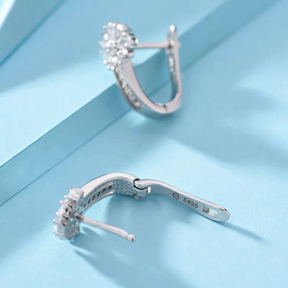 Fine 925 Sterling Silver Inlaid Zircon Crystal Flower Earrings