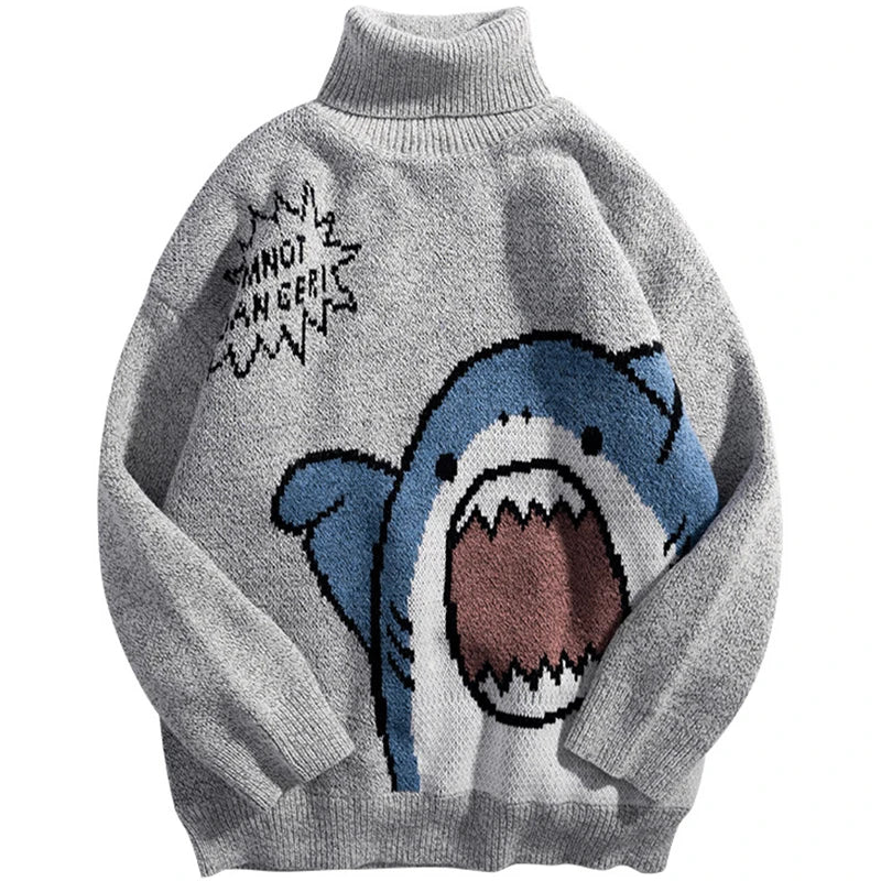 Harajuku Winter Cartoon Shark Turtleneck Knitted Sweater