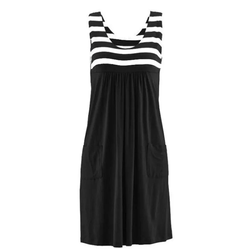 Women's Striped Summer Dress Loose Sleeveless Mid-Calf O-Neck Casual Fashion Dress Polyester Fabric Straight Silhouette